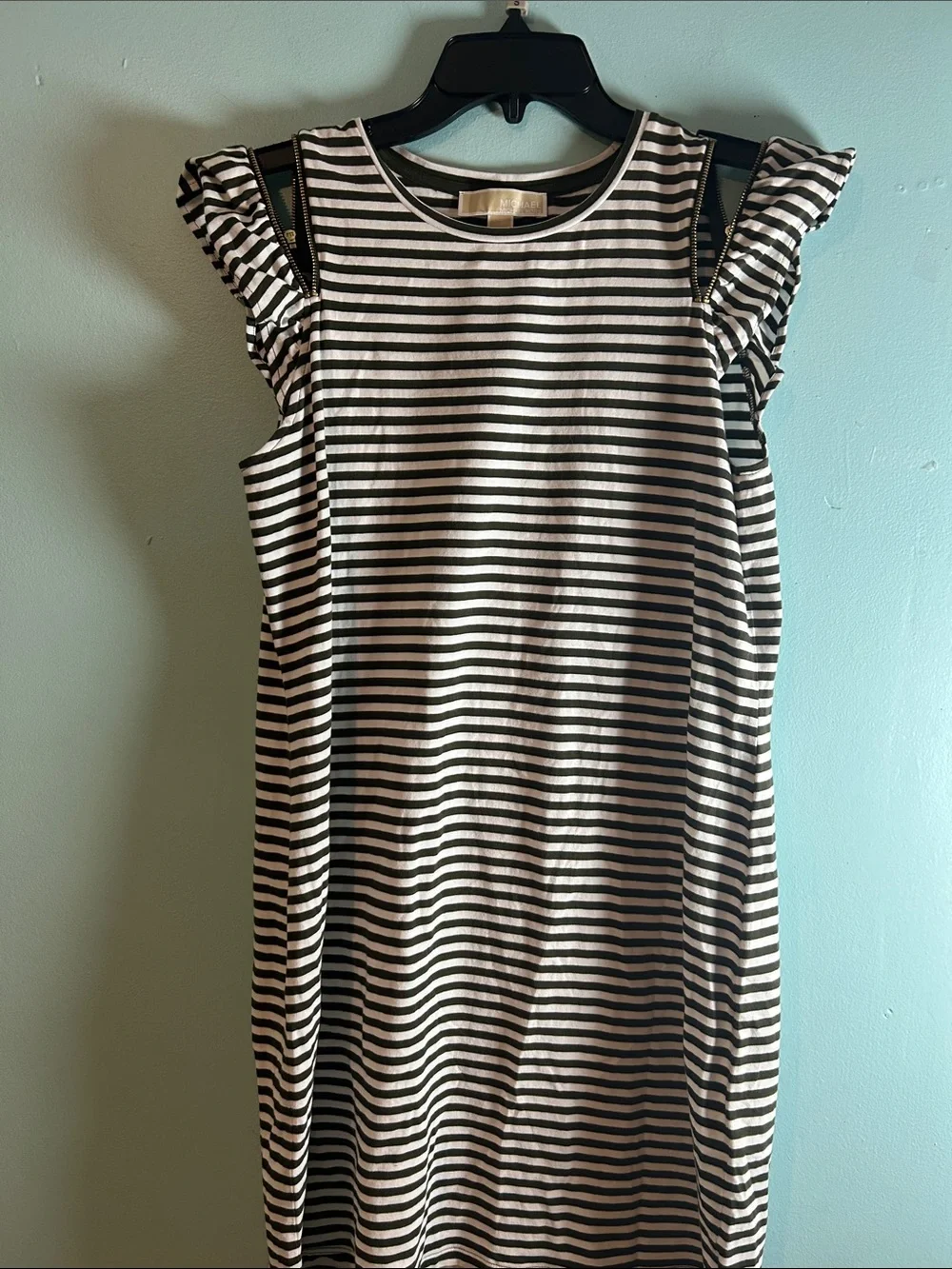 Michael Kors Black and White Striped Cold-Shoulder Dress
